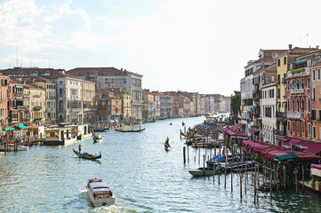 Life in Venezia, in the port with ships, boats and gondolas, lovely place, grand Canal in the summer, poster visual
