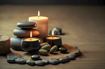 Fototapeta na wymiar Candles and black hot stone on wooden background. Hot stone massage setting lit by candles. Massage therapy for one person with candle light. Beauty spa treatment and relax concept. Generative AI