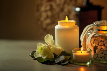 Obraz na płótnie Canvas Candles and black hot stone on wooden background. Hot stone massage setting lit by candles. Massage therapy for one person with candle light. Beauty spa treatment and relax concept. Generative AI