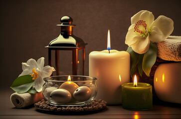 Fototapeta na wymiar Candles and black hot stone on wooden background. Hot stone massage setting lit by candles. Massage therapy for one person with candle light. Beauty spa treatment and relax concept. Generative AI