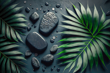 Obraz na płótnie Canvas Close up Top view of spa stones and leaves on dark background. spa therapy. Elegant and luxury spa. Generative AI