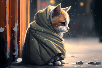 Cute homeless cat gets wet in the rain outside. AI generated