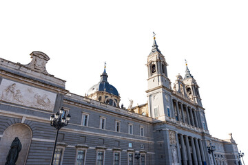 Fototapeta na wymiar Facade of the Almudena Cathedral, isolated on white or transparent background, (Catedral de Santa Maria la Real de la Almudena) in Madrid downtown, Spain, southern Europe. Png.