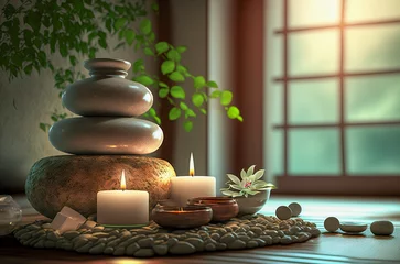 Foto op Plexiglas Candles and black hot stone on wooden background. Hot stone massage setting lit by candles. Massage therapy for one person with candle light. Beauty spa treatment and relax concept. Generative AI © waichi2013th