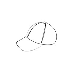 Baseball cap. Sport hat. Travel accessory, hiking clothes. One single line drawing. Hand drawn vector illustration.