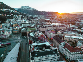 Traditional Scandinavian architecture of the old town of Bergen at sunrise. Bergen, Vestland, Norway. 