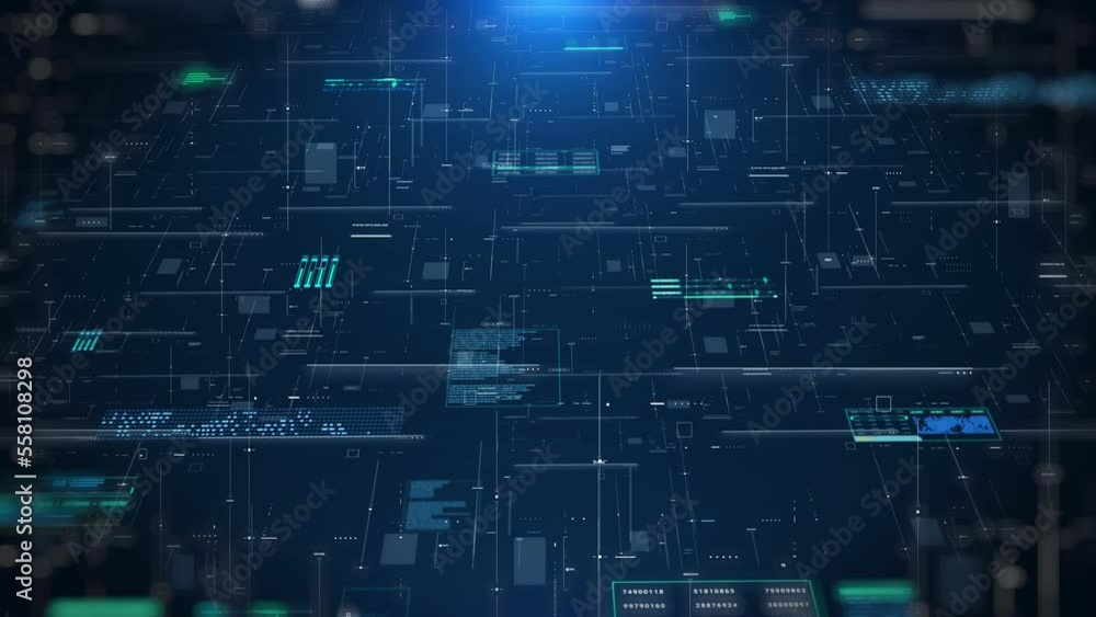 Poster Futuristic user interface infographic with digital hologram information display. HUD system technology. Aerial landscape view 4K motion.