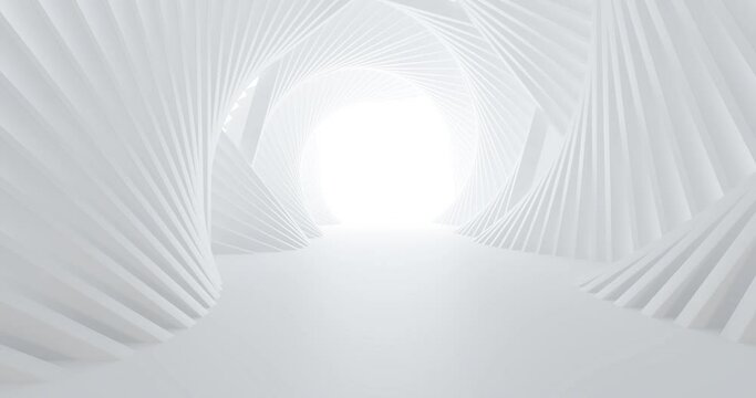 Luxury loop white abstract architectural minimalistic background. Contemporary showroom. Modern  exhibition stand. Empty gallery. Backlight. Polygonal Graphic Design. 3D animation and rendering.