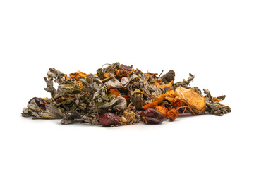 Dry tea leaves and dry fruit isolated on white background.