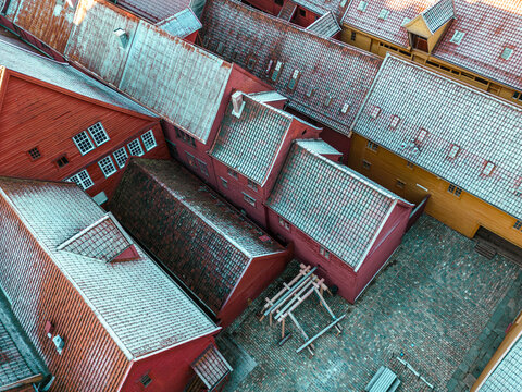 Bergen Roofs Covered with Snow. Aerial View. Traditional Scandinavian Architecture of the Old Town of Bergen. Bergen, Vestland, Norway. 