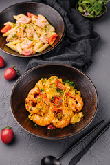 Fettuccine pasta with shrimp and tomatoes