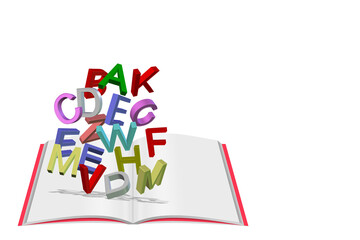 Buch und fallende Buchstaben als 3D-Illustration