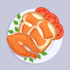 Healthy food. Breakfast toast with salmon. flat style