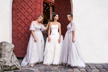 Beautiful bride and bridesmaids in gorgeous elegant stylish light grey silver floor length dresses...