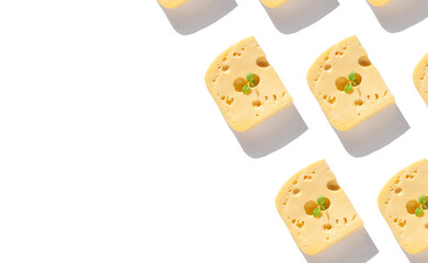 Creative cheese banner copy space. Maasdam with holes white background harsh shadow sunlight flat...