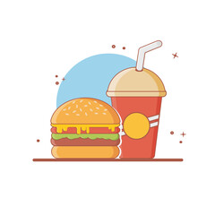 Hamburger and soft drink cup, fast food icon, flat design on white background. Vector illustration of
hamburger and soft drink cup with color fill. Fast food icon. Menu book design.