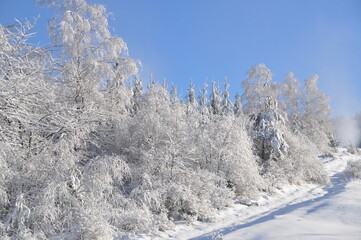 zima, śnieg, mróz, Beskidy, góry, krajobraz, przeziębienie, drzew, droga, niebo, biała, lodu, góra, pora roku, błękit, 