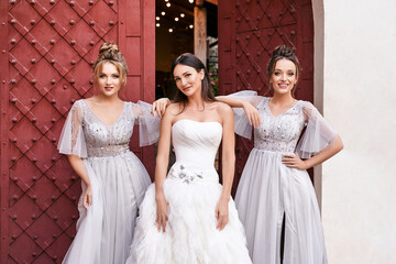 Beautiful bride and bridesmaids in gorgeous elegant stylish light grey silver floor length dresses...