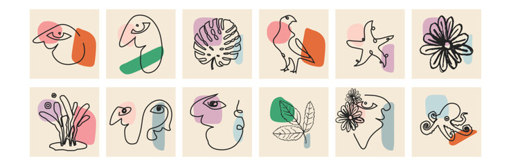 Big Set of Various Faces, Leaves, Flowers, abstract shapes. Ink painting style. Contemporary Hand drawn Vector illustrations. Continuous line, minimalistic elegant concept. All elements are isolated