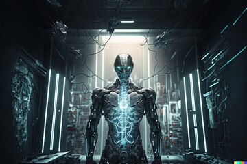 Fototapeta na wymiar Cyborg are being created in a futuristic laboratory, created with Generative AI technology