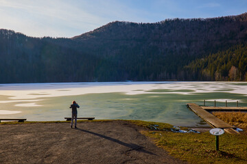 Beautiful landscape with St. Ana Lake in Romania, volcanic lake in December.