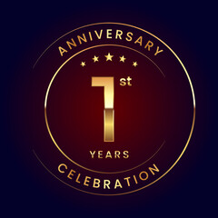 1st Anniversary. A luxurious and simple logo design with gold color ring and text for an anniversary celebration event. Logo Vector Illustration