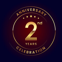 2nd Anniversary. A luxurious and simple logo design with gold color ring and text for an anniversary celebration event. Logo Vector Illustration