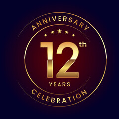12th Anniversary. A luxurious and simple logo design with gold color ring and text for an anniversary celebration event. Logo Vector Illustration