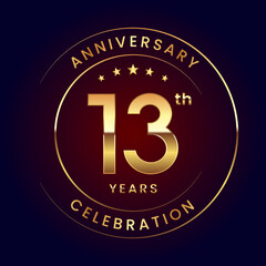 13th Anniversary. A luxurious and simple logo design with gold color ring and text for an anniversary celebration event. Logo Vector Illustration