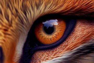 Detailed close-up  fox eye. Red European fox animal. Intricate picture.