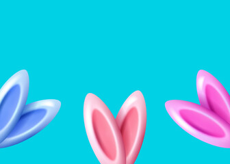 Spring background with color rabbit ears. Happy Easter Background with 3D objects