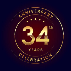 34th Anniversary. A luxurious and simple logo design with gold color ring and text for an anniversary celebration event. Logo Vector Illustration