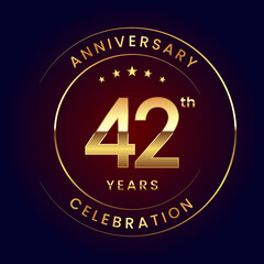 42th Anniversary. A luxurious and simple logo design with gold color ring and text for an anniversary celebration event. Logo Vector Illustration