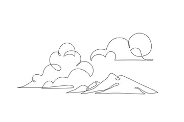 Abstract tropical landscape continuous art line with mountains, sea, coconut palm tree