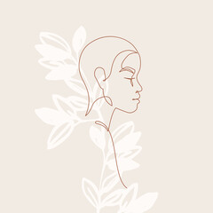 Abstract black woman profile in modern one line style. Boish afro girl continuous line simple drawing on floral background.