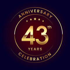 43th Anniversary. A luxurious and simple logo design with gold color ring and text for an anniversary celebration event. Logo Vector Illustration