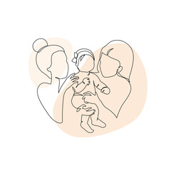 Abstract lesbian couple with a child line art drawing. LGBT lesbian homosexual family.