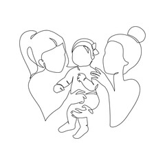 Abstract lesbian couple with a child line art drawing. LGBT lesbian homosexual family.