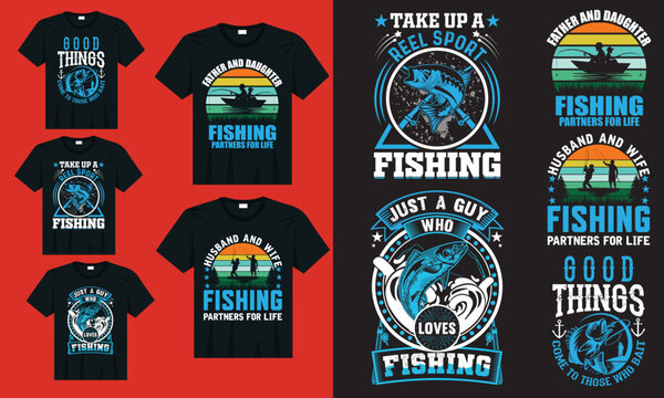 Fishing T-shirt vector bundle file, Fishing typography t-shirt design with  editable vector graphic, vintage t-shirt design. Stock Vector