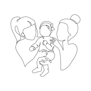 Abstract lesbian couple with a child line art drawing. LGBT lesbian homosexual family.