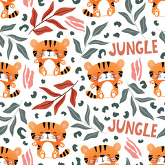 Cute little tiger seamless pattern, Tiger nad jungle repeat print,  Cute tiger character nursery wallpaper, Animal baby background, Adorable little tiger  and tropical leaves pattern, Childrens print 