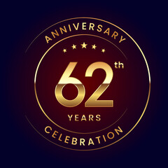 62th Anniversary. A luxurious and simple logo design with gold color ring and text for an anniversary celebration event. Logo Vector Illustration