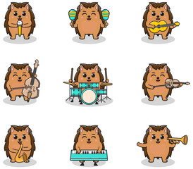Vector Illustration of Cute Hedgehog playing music instruments. Set of cute Hedgehog characters. Cartoon animal play music. Animals musicians.
