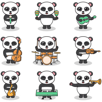 Vector Illustration of Cute Panda playing music instruments. Set of cute Panda characters. Cartoon animal play music. Animals musicians.