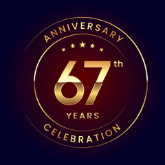 67th Anniversary. A luxurious and simple logo design with gold color ring and text for an anniversary celebration event. Logo Vector Illustration