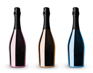 different bottles of champagne on a white background