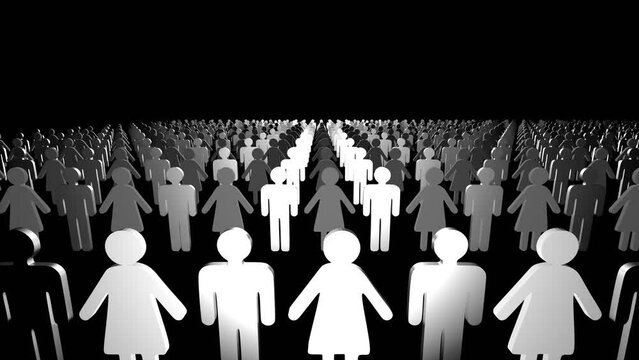A fly-through silhouette of women and men against a black background, loop animation.