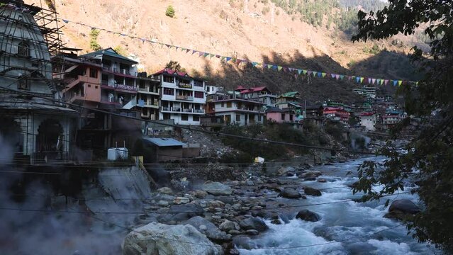 Hot water spring in Manikaran Kullu Manali Himachal Pradesh India. Pilgrimage center for both Hindus and Sikhs  Sahib Gurudwara.  Shiva temple in Kasol village along the banks of the Parvati river.