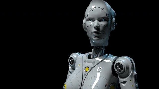 The android is white looking into the camera. The animation on artificial intelligence and technology has an alpha channel
