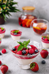 Italian dairy dessert panna cotta with raspberry jam